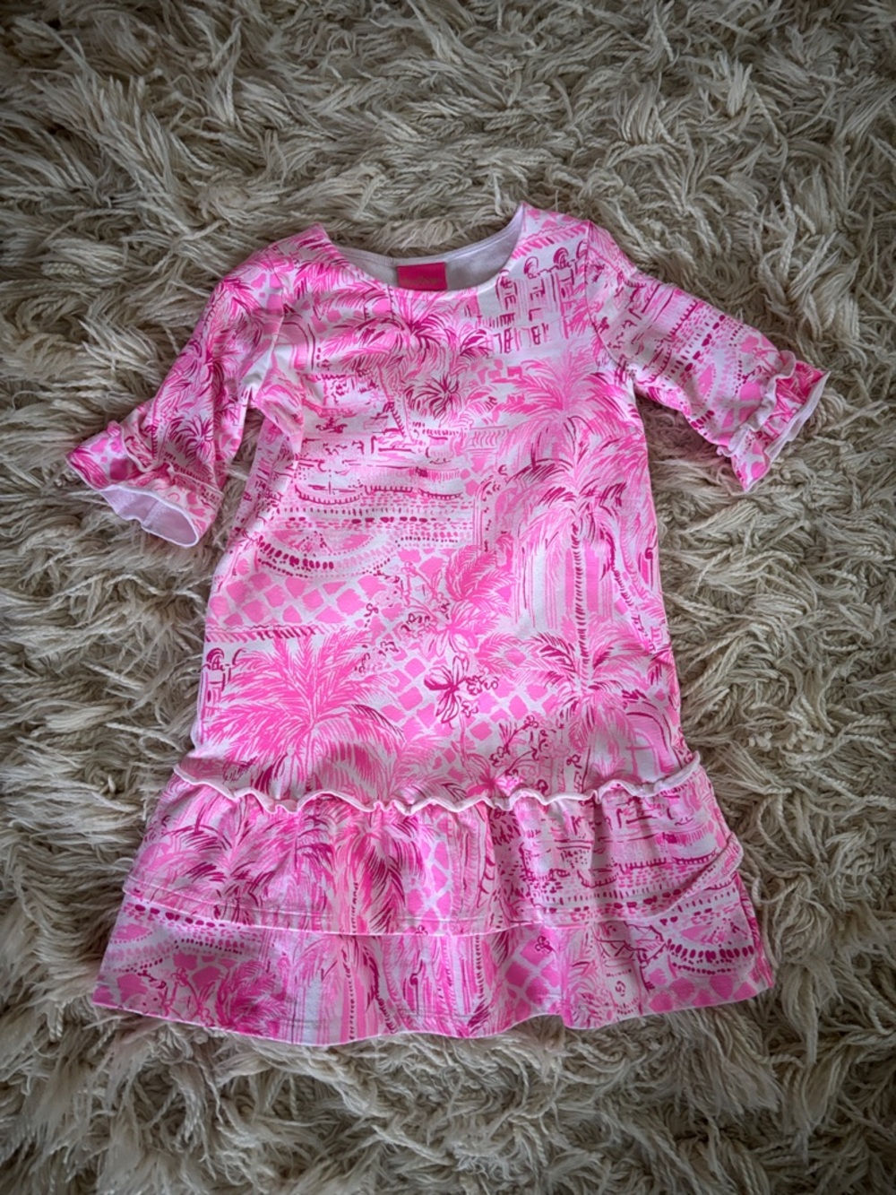 Lilly Pulitzer Pink & White Palm Print Ruffle Hem Dress